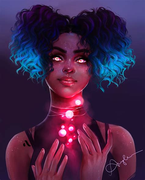 An Illustration Of A Woman With Blue Hair And Glowing Lights On Her Chest Holding Her Hands In