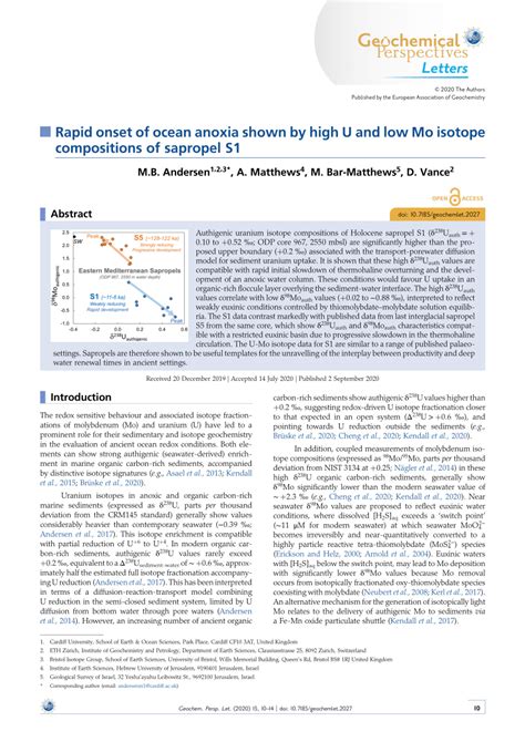 Pdf Rapid Onset Of Ocean Anoxia Shown By High U And Low Mo Isotope