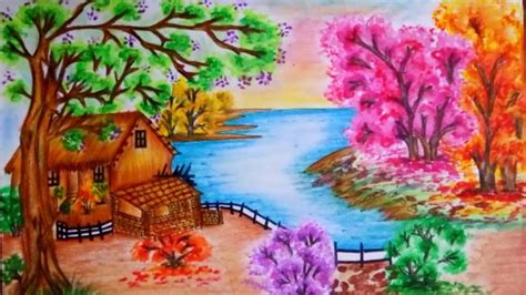 How To Draw Spring Season Scenery Step By Step Spring Season Drawing