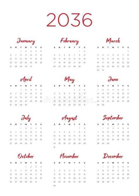 2036 Calendar With The Weeks Start On Monday Stock Vector