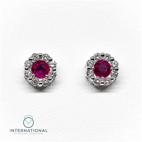 Ct White Gold Ruby Diamond Round Cluster Earrings International