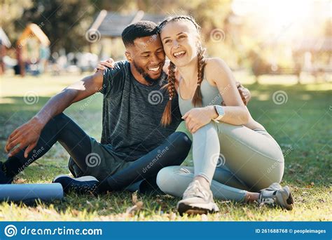 Couple Fitness And Sitting On Grass Park Or Lawn Together In Sunshine