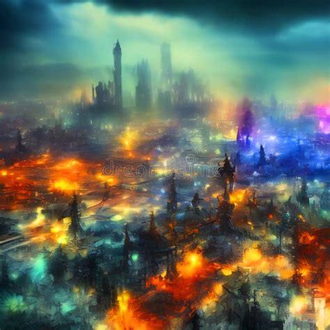 Abstract Fictional Scary Dark Wasteland City Background Colorful Lights