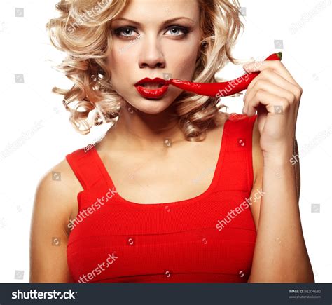 Sexy Woman Wearing Red Dress With Chili Pepper Isolated On White Stock