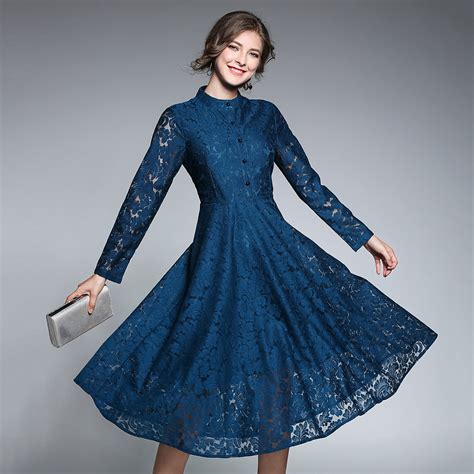 Vintage Blue Lace Dresses Women 2018 Autumn Long Sleeves Stand Collar
