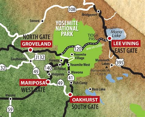 Yosemite National Park Entrance Map State Coastal Towns Map