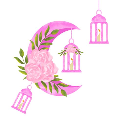 Watercolor Ramadan Moon With Rose Flowers Leaves And Lantern