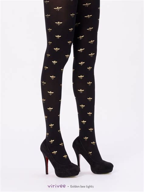 Superb Quality Black Opaque Tights With Golden Bee Print The Pattern