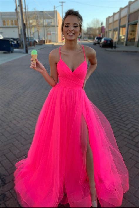 New Style Simple A Line Tulle V Neck Spaghetti Straps Long Prom Dress