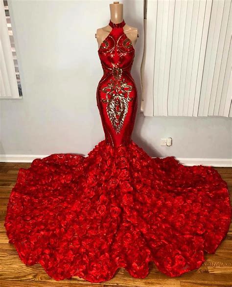 Sparkly Mermaid Red Prom Dresses 3d Flower Florals Shinny Sequin Formal