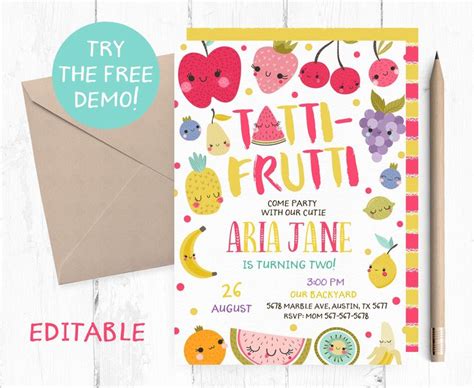 Editable Tutti Frutti Invitation Fruits Birthday Party Etsy Fruit