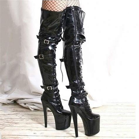 punk gothic lace up over the knee boots sexy high platform stiletto heel women red black shoes