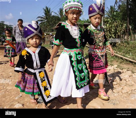 Laos, Vang Vieng. Children in traditional Hmong clothing, for new Stock ...