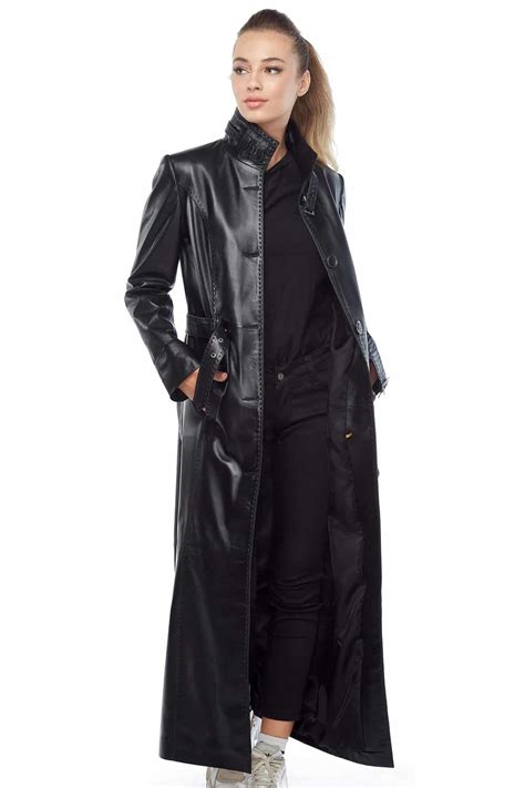 Womens 100 Real Black Leather Trench Coat