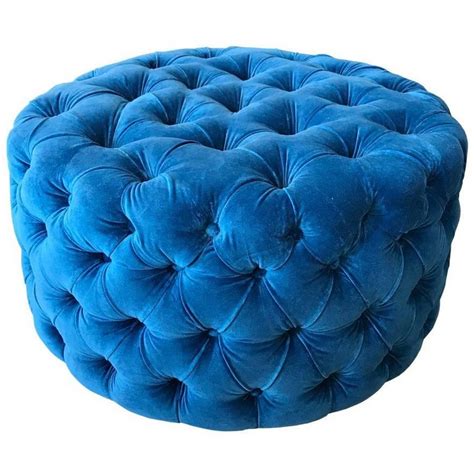 Blue Tufted Velvet Round Ottoman Custom For Sale At 1stdibs Round