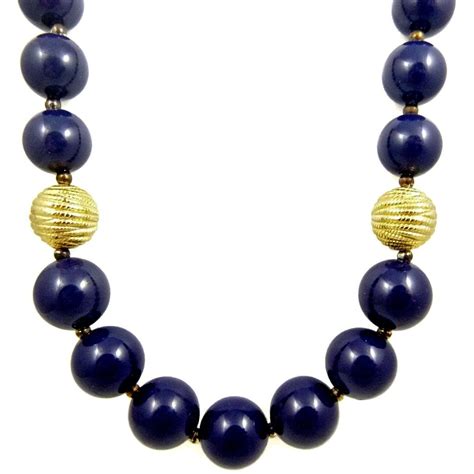 Navy Blue Bead Necklace Lucite And Gold Accent Beads 23 Inch