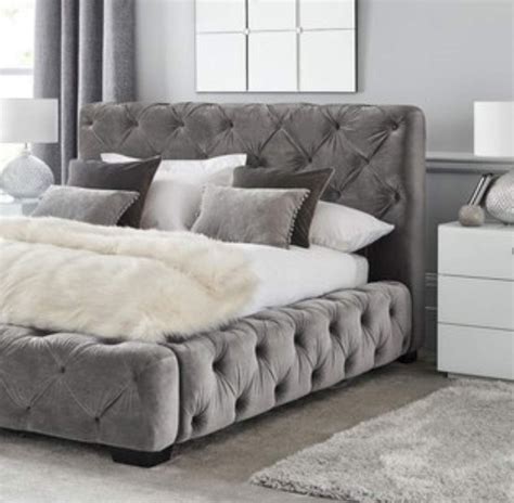 Deluxe Studded Grey Fabric Bed Frame And Mattress Set Double Home