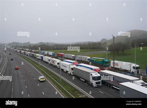 Freight Lorries Queuing On The M20 Motorway In Kent Heading To Dover Centre And At The