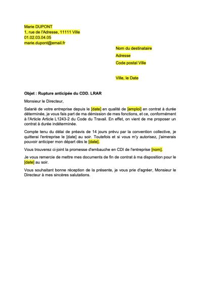 Lettre De Démission Cdd Pour Cdi Formats Word PDF