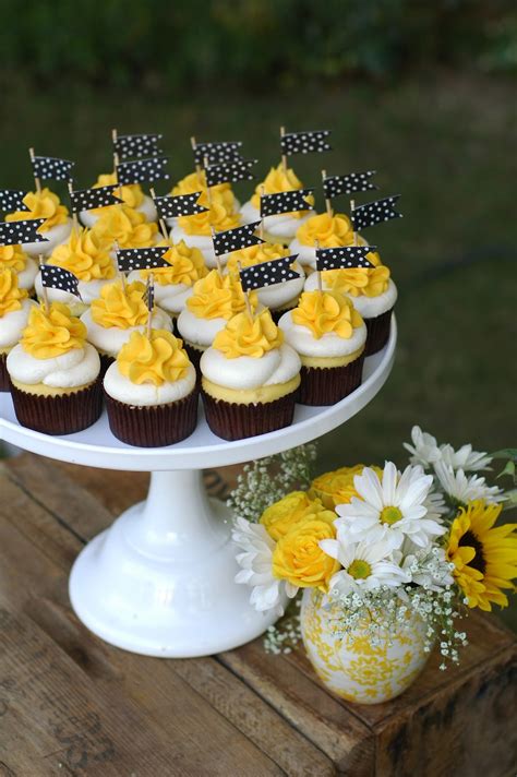 Wedding dessert table decoration birthday cake insertion. Sugar & Company: Sunflower Yellow, Black & White Wedding
