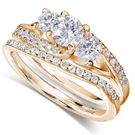 Gia Certified 1 Carat Trilogy Round Diamond Wedding Ring Set In Yellow
