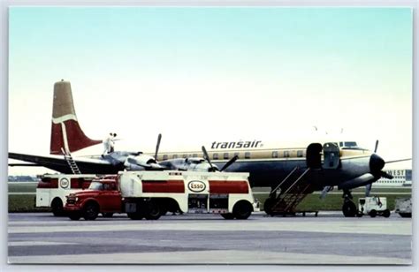 Airplane Postcard Transair Airlines Douglas Dc 7 Esso Fuel Truck Ej7 4