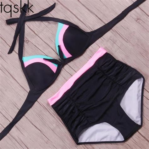 tqskk halter high waist bikinis 2019 new sexy solid women swimsuit female summer beach wear