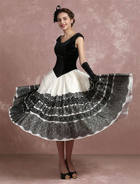 vintage cocktail dress lace applique tea length prom dress black velvet scoop short sleeve
