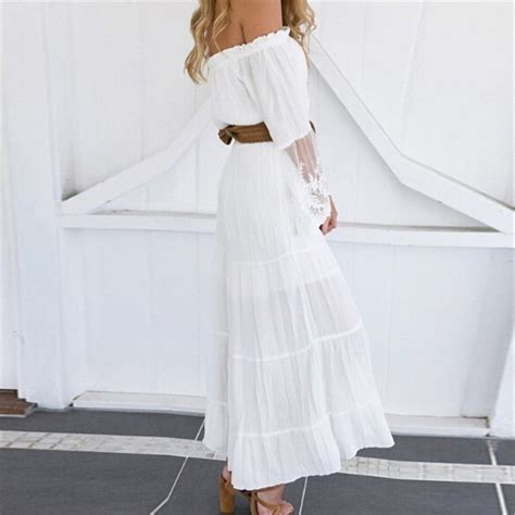Womenstrapless Long Sleeve Loose Sexy Off Shoulder Lace Boho Cotton Maxi Dress White Summer Long