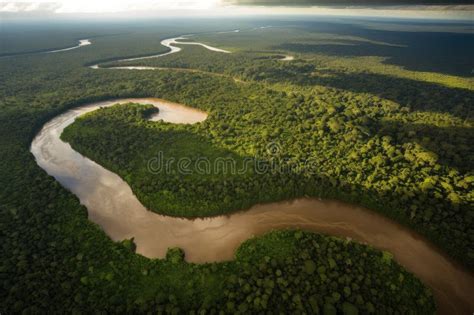 Aerial View Of The Amazon River With Its Waters Winding Through Dense