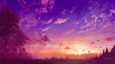 Anime Landscape Anime Purple Sunset Idées De Papier Peint Coucher