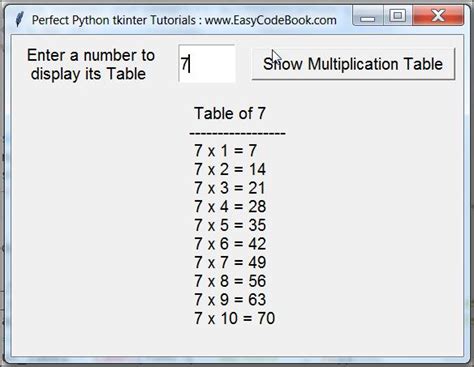 Python GUI Multiplication Table EasyCodeBook Com