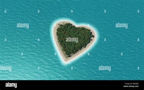 3d Render De Una Isla En Forma De Corazón En El Océano Con Palmeras