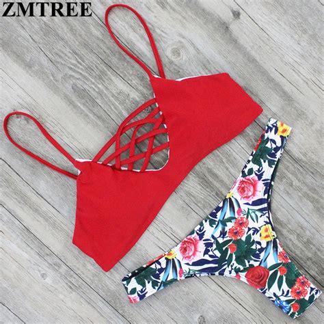 zmtree cross bikini floral printed swimsuit women sexy bikini set bandage swimwear summer beach