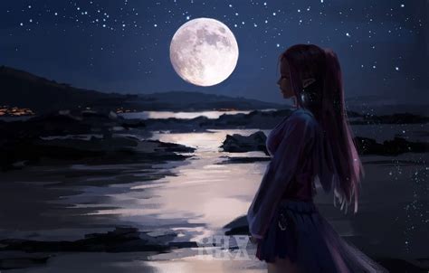Wallpaper Girl Night The Moon Images For Desktop Section фантастика