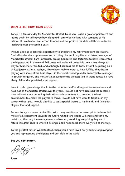 Picture Ryan Giggs Open Letter To Manchester United Fans Old
