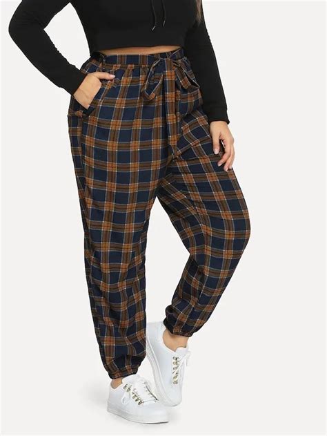 Plus Plaid Print Tapered Pants Kidenhome With Images Plaid Pants
