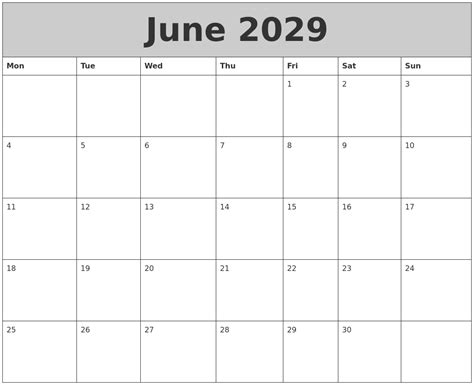 June 2029 My Calendar