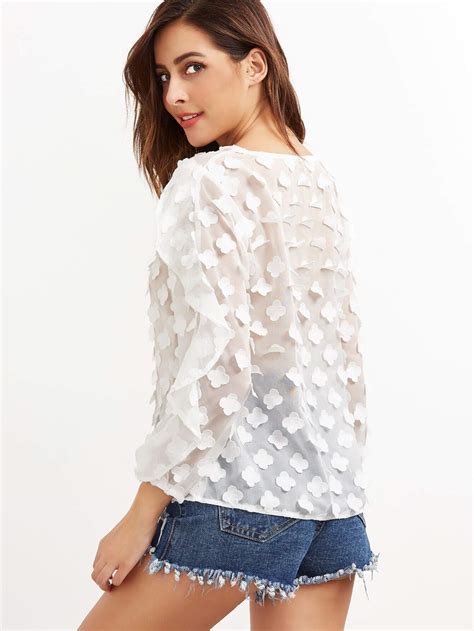 white appliques ruffle trim sheer mesh blouse shein sheinside