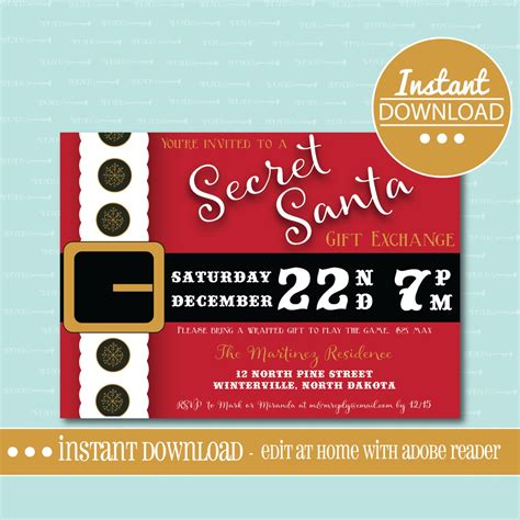Secret Santa Invitation Editable Printable Christmas T