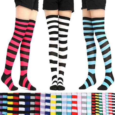 Women Over Knee Long Striped Printed Thigh High Striped Cotton Socks 22 Colors Sweet Cute Socks