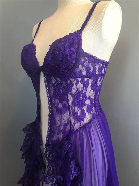 S 70s Royal Purple Lace Teddy With Train Vintage Lingerie Etsy