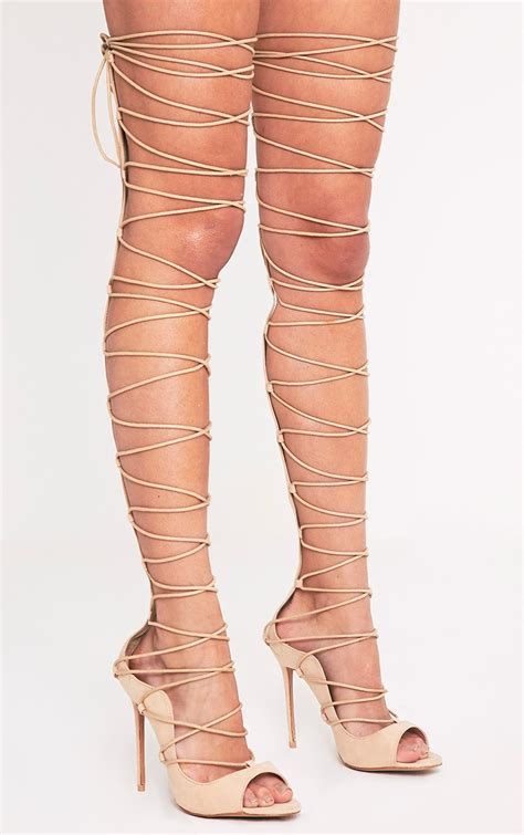 Colleen Nude Thigh High Lace Up Heeled Sandals Heels Prettylittlething Usa