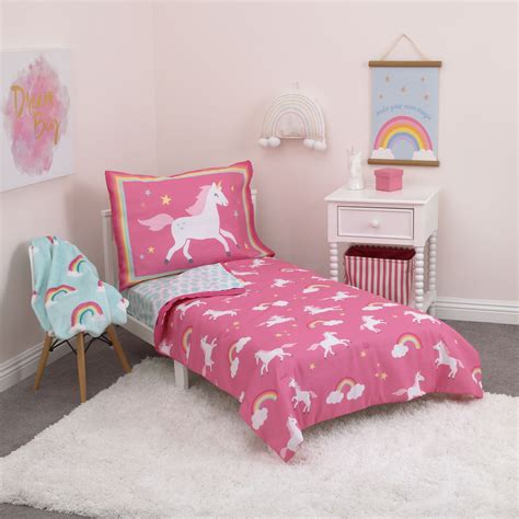 Set includes a reversible comforter, fitted sheet, flat sheet, and pillowcase. Rainbows & Unicorns 4 Piece Toddler Bedding Set - Walmart ...