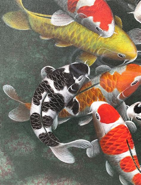 9 Koi Fish Art Fengshui Art Hand Painted Koi And Lotus Pond Etsy