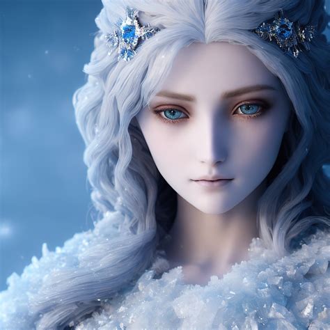 Ice Goddess With Beautiful Face With A Glowing Blue Crystal On H