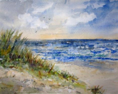 Dunescape With Sand Dunes Sea Oats And Ocean Watercolor Landscape