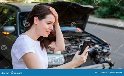 Scared Woman In Stress Holding Her Head After Auto Crash Calling To