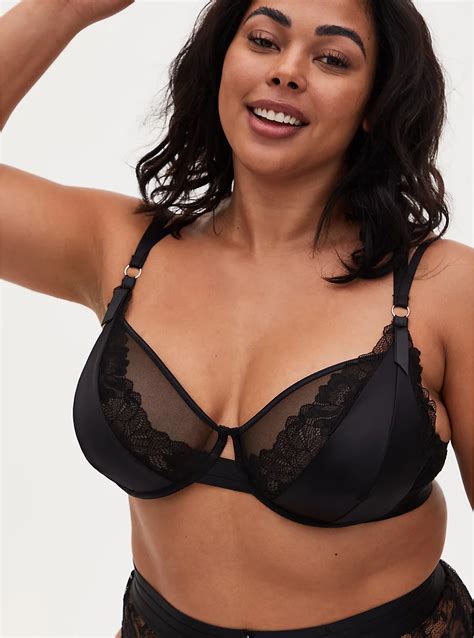 Plus Size Black Satin And Lace Strappy Underwire Bralette Torrid