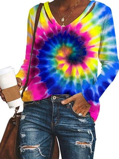 women casual long sleeve tops plus size tie dye v neck blouse floral free nude porn photos
